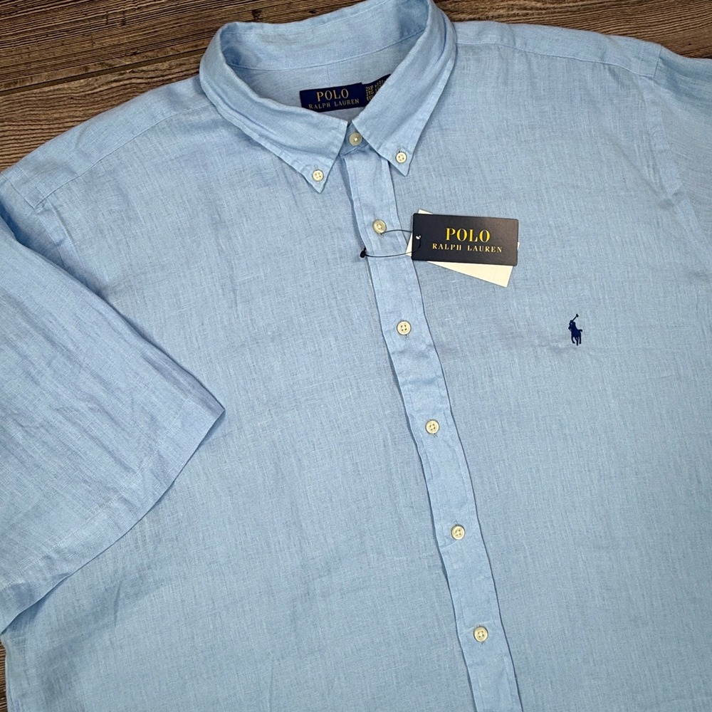 Polo Ralph Lauren Men Size 3XB Button Down Shirt Light Blue S/S 100% Linen NEW